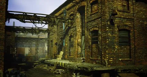 Abandoned brick building with overgrown features Ilustración de archivo