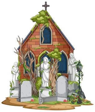 Abandoned Brick Chapel With Overgrown Cemetery Statues Stock Illustration