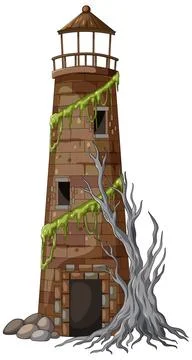 Abandoned Brick Lighthouse with Dead Tree and Moss Stock Illustration