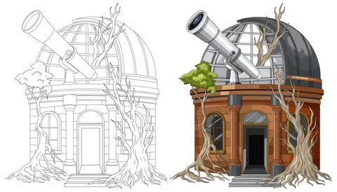 Abandoned Brick Observatory Overgrown With Tree Roots and Telescope Illustrazione stock