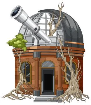Abandoned Brick Observatory with Overgrown Trees and Telescope Stock Illustration
