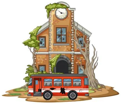 Abandoned Brick School Building with Old Red Bus Stock Illustration