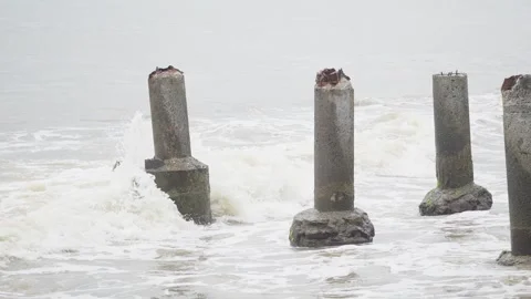 Abandoned Bridge Pillar Standing Alone in the Middle of the Ocean Stock Footage 313092335
