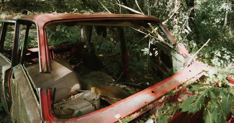 Abandoned broken car in the woods Stock Footage 138992196