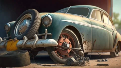 Abandoned broken classic car, looping Stock Footage 233146963