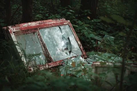 Abandoned broken windows in the forest. Stock Photos