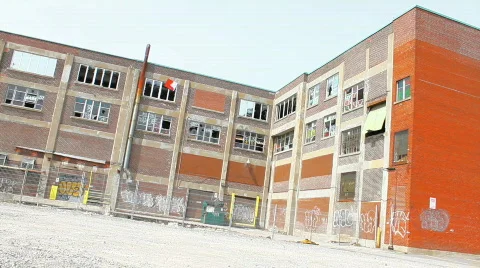 Abandoned Building With Bird Flying Into Window Stock Footage 690102