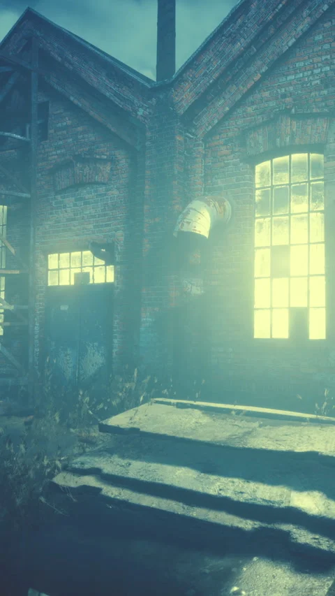 Abandoned building with bright windows and a bucket hanging on the wall Stock Footage 343155219