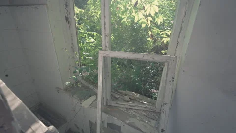 Abandoned Building Broken Window Top-Down Slow Motion Tilt-Down Shot | Collapsed Stock Footage 335481120