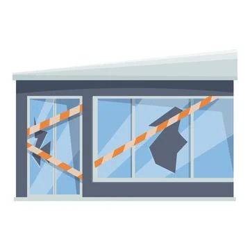 Abandoned building with broken windows is surrounded by warning tape Ilustración de archivo