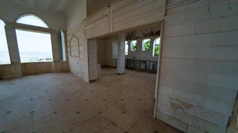 Abandoned Building Interior with Arched Windows Stock Photos