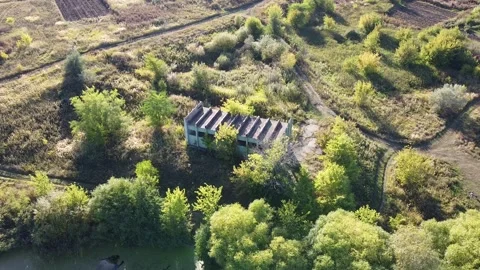 Abandoned building. Landscape from drone (Quadcopter). River bay, lake. Stock Footage