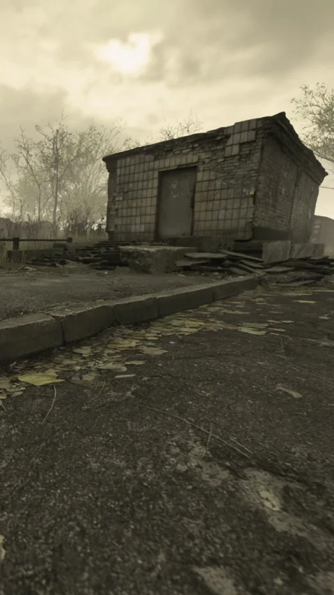 Abandoned building near empty road with overgrown leaves in the background Stock Footage 336581033