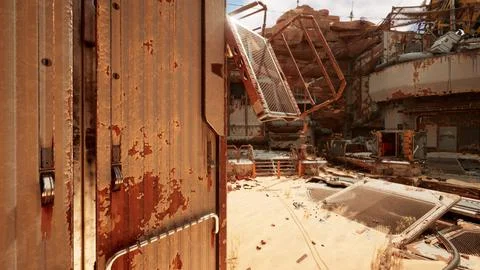 An abandoned building with a rusty sink inside Ilustración de archivo