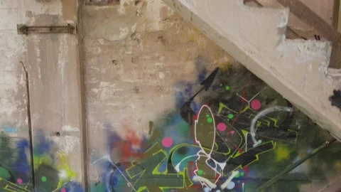 Abandoned Building Stairs Indoor Destroyed with Streetart Stock Footage