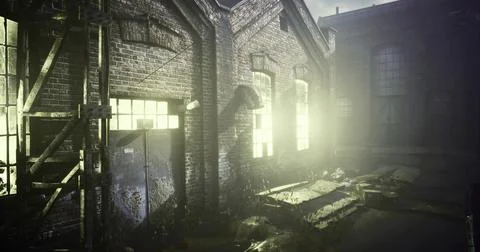 Abandoned building with sunlight shining through at dusk Ilustración de archivo