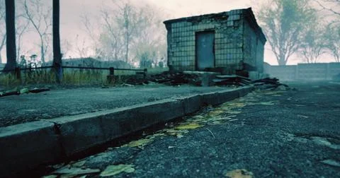 Abandoned building surrounded by overgrown nature at dawn Ilustración de archivo