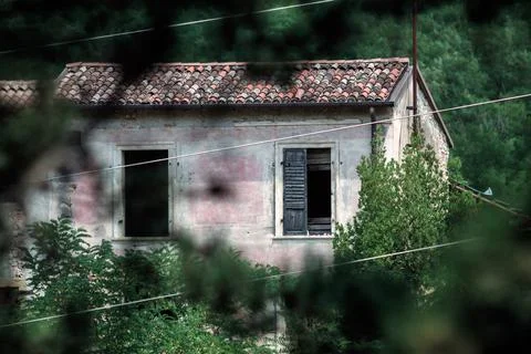An abandoned building in the trees Fotos Stock