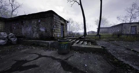 Abandoned buildings in a desolate area under a gray sky Stock Illustration