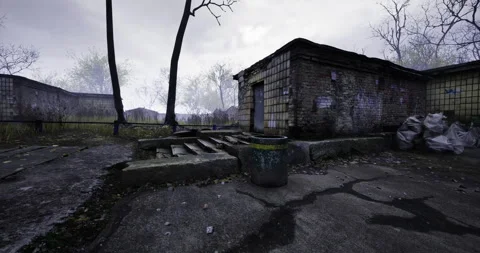 Abandoned buildings in a desolate landscape under a moody sky 動画素材 321241416