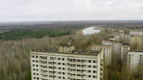 Abandoned buildings in Pripyat exclusion zone aerial view Stock Footage 332829661