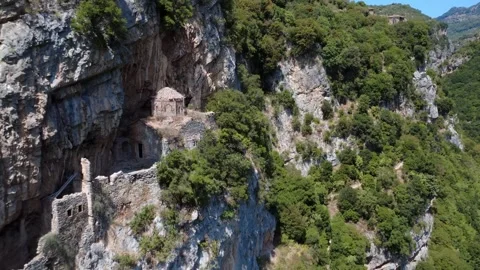 Abandoned Byzantine Monastery Overgrown Inside Lousios Gorge Mountains, Greece Stock Footage 324841476
