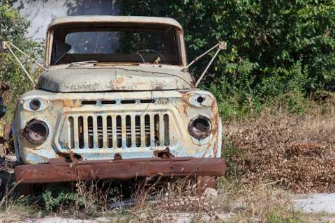 Abandoned cab of an old rusty soviet truck Gaz-53 Stock Photos
