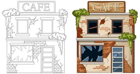 Abandoned Cafe Building with Broken Windows and Overgrown Plants Ilustración de archivo