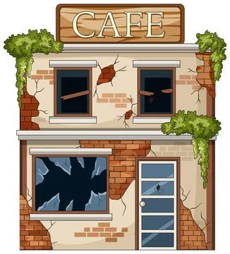 Abandoned Cafe Building with Broken Windows and Overgrown Vines Stock Illustration