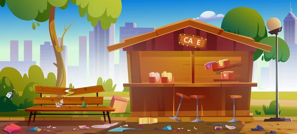 Abandoned cafe front view in down town city park Ilustración de archivo