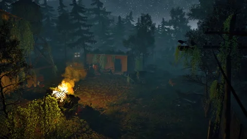 An abandoned camp in a dark forest, lit by moonlight and firelight. 스톡 동영상 304304879