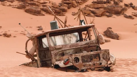 Abandoned car in the desert Stock Footage 185610992