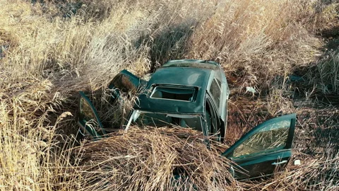 An abandoned car in the middle of a field Stock Footage 141998082