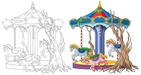 Abandoned Carousel with Haunted Trees Vector Illustration Stock Illustration