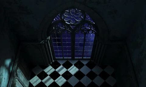 Abandoned castle with a large gothic window sunset rays Stock Illustration