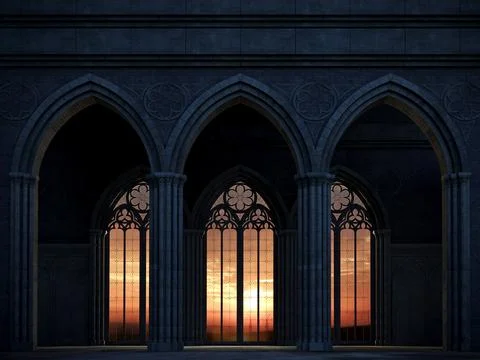 Abandoned castle with a large gothic window sunset rays Stock-Illustration