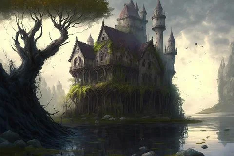 An Abandoned Castle By A Large River Stock Illustration