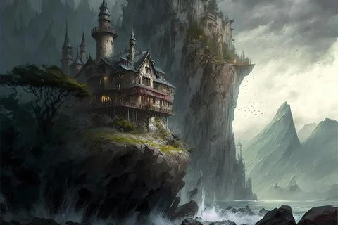 An Abandoned Castle On Mountainous Cliffs Stock Illustration