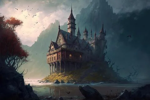 An Abandoned Castle On A Volcano Stock Illustration