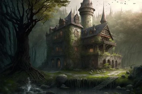 An Abandoned Castle Within A Forest Stock Illustration