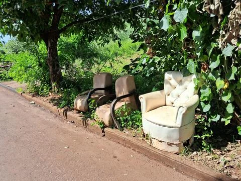 Abandoned chairs on a path covered in vegetation Stock Photos