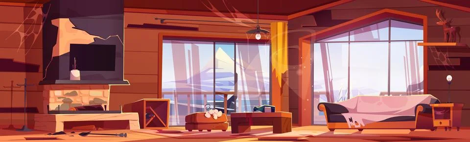 Abandoned chalet interior with mountain view Stock Illustration