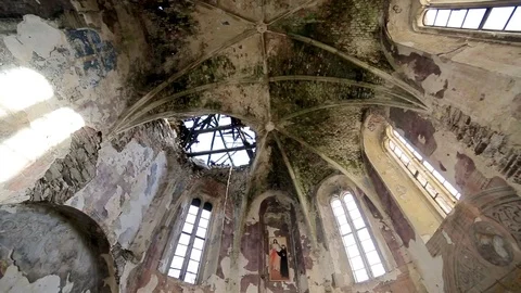 Abandoned church with sun rays and grey stone Stock Footage 70115217