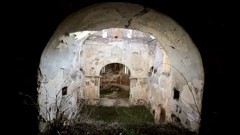 Abandoned church with sun rays and grey stone Stock Footage 70115436