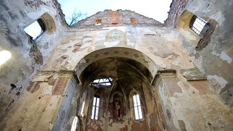 Abandoned church with sun rays and grey stone Stock Footage 70116353