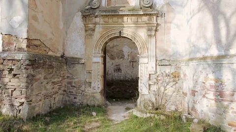 Abandoned church with sun rays and grey stone Stock Footage 70118548