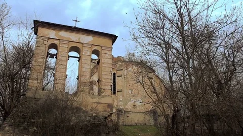 Abandoned church with sun rays and grey stone Stock Footage 70118923