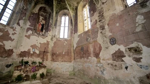 Abandoned church with sun rays and grey stone Stock Footage 70148025