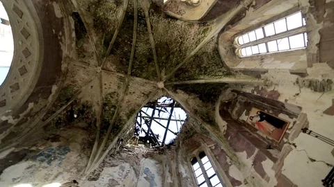 Abandoned church with sun rays and grey stone Stock Footage 70148685