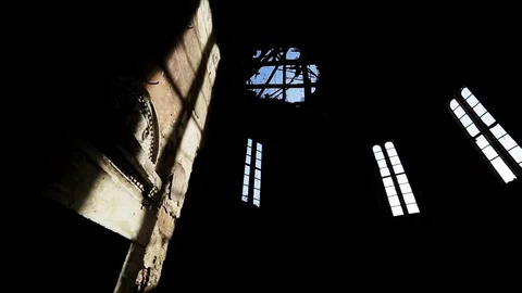 Abandoned church with sun rays and grey stone Stock Footage 70148906